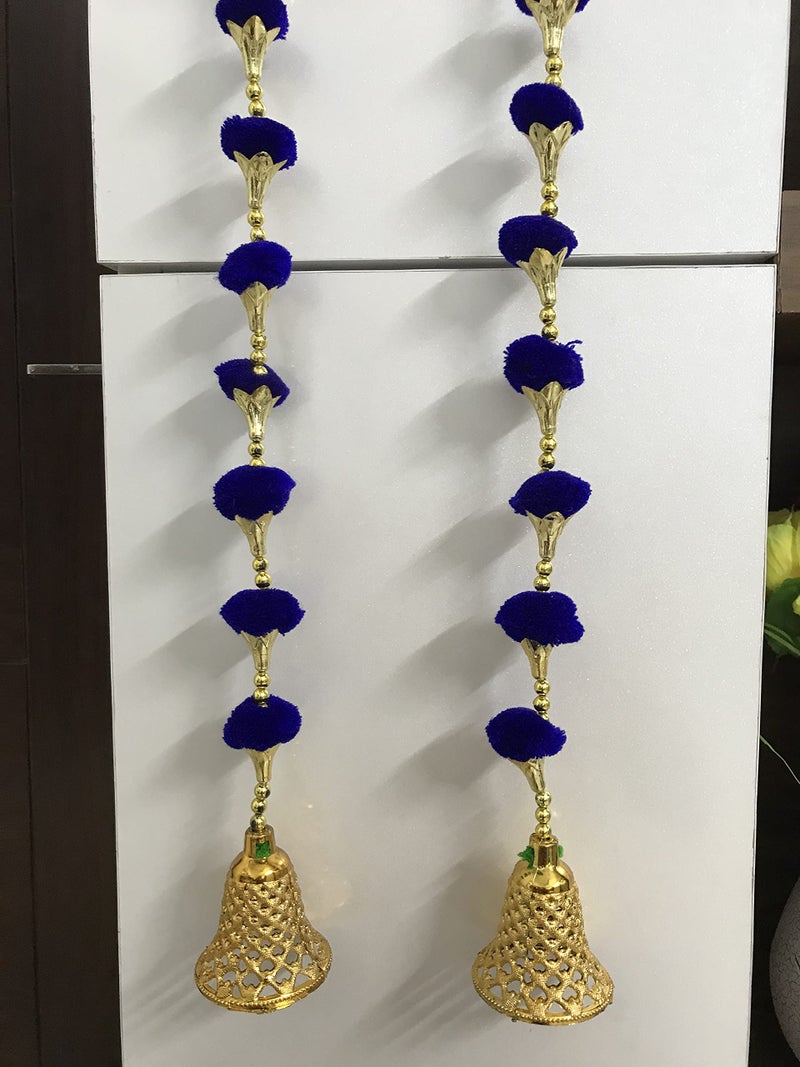 Aahum Handmade Wall Door Blue Color Pom Pom String with Golden Beads,Triangle Flowers Hanging Torans Garland Bandhwar Decoration Item for Home Décor Diwali Festival,Navratri,Wedding (3 FT 4 Strings) - Image 5