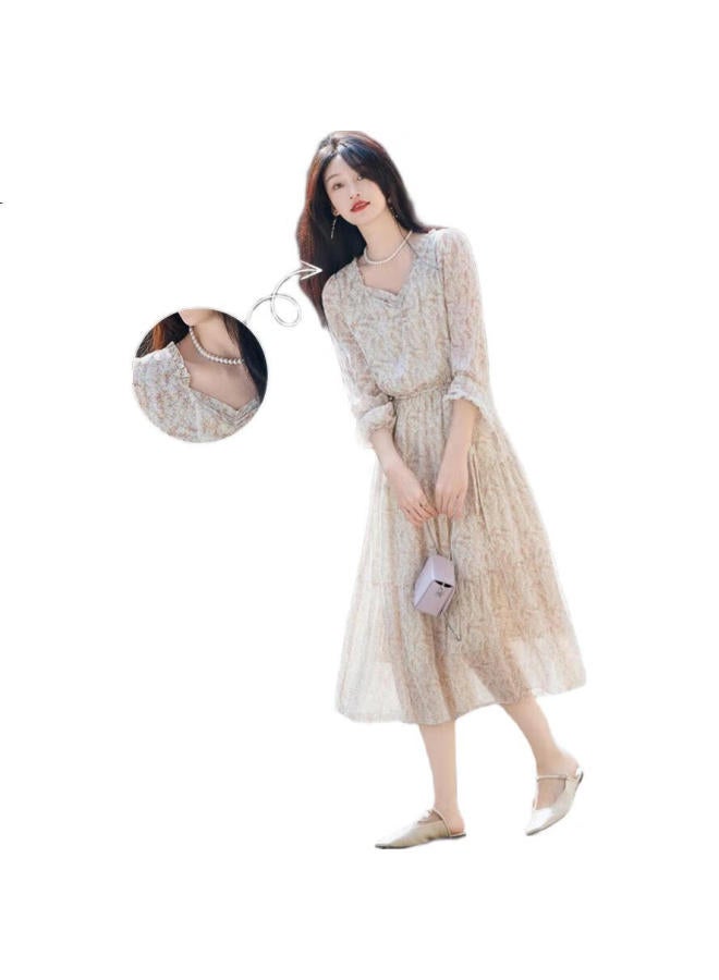 dme [Fresh And Comfortable] Spring And Autumn Lightweight Sheer Chiffon Floral Print Women'S Dress, Square Neckline, Ruffle Trim, Puff Sleeves, One-Piece Dress - Image 1