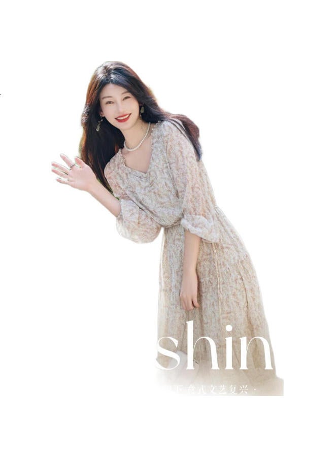 dme [Fresh And Comfortable] Spring And Autumn Lightweight Sheer Chiffon Floral Print Women'S Dress, Square Neckline, Ruffle Trim, Puff Sleeves, One-Piece Dress - Image 2