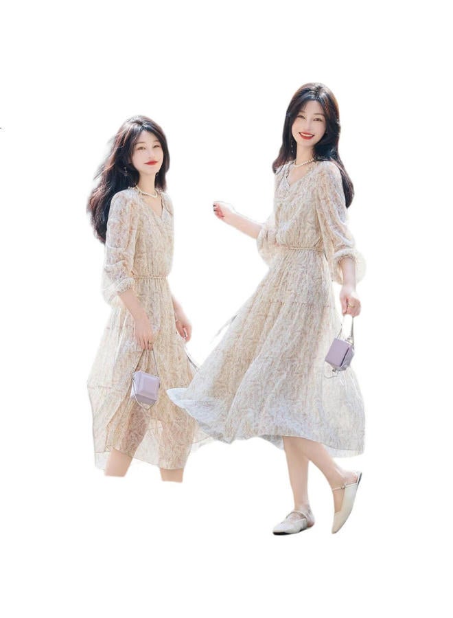 dme [Fresh And Comfortable] Spring And Autumn Lightweight Sheer Chiffon Floral Print Women'S Dress, Square Neckline, Ruffle Trim, Puff Sleeves, One-Piece Dress - Image 3