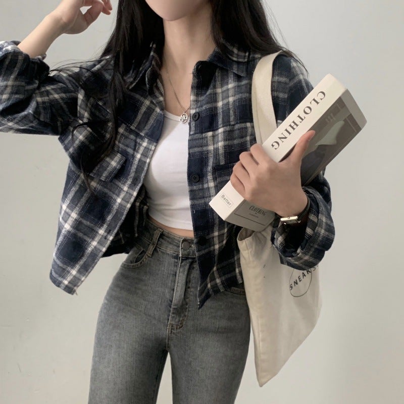 South Korea chic autumn French style retro long sleeve brushed plaid shirt Womens loose casual short shirt coat fashion Beige - Image 2