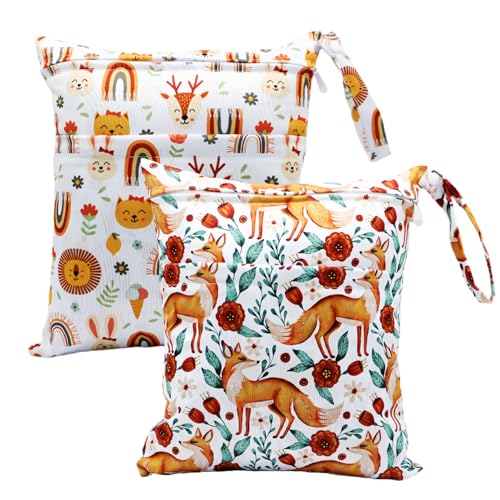 Asenappy 2pcs Cloth Diaper Wet Dry Bags Waterproof Reusable with Two Zippered Pockets Travel Beach Pool Daycare Soiled Baby Items Yoga Gym Bag for Swimsuits or Wet Clothes FOX - Image 1