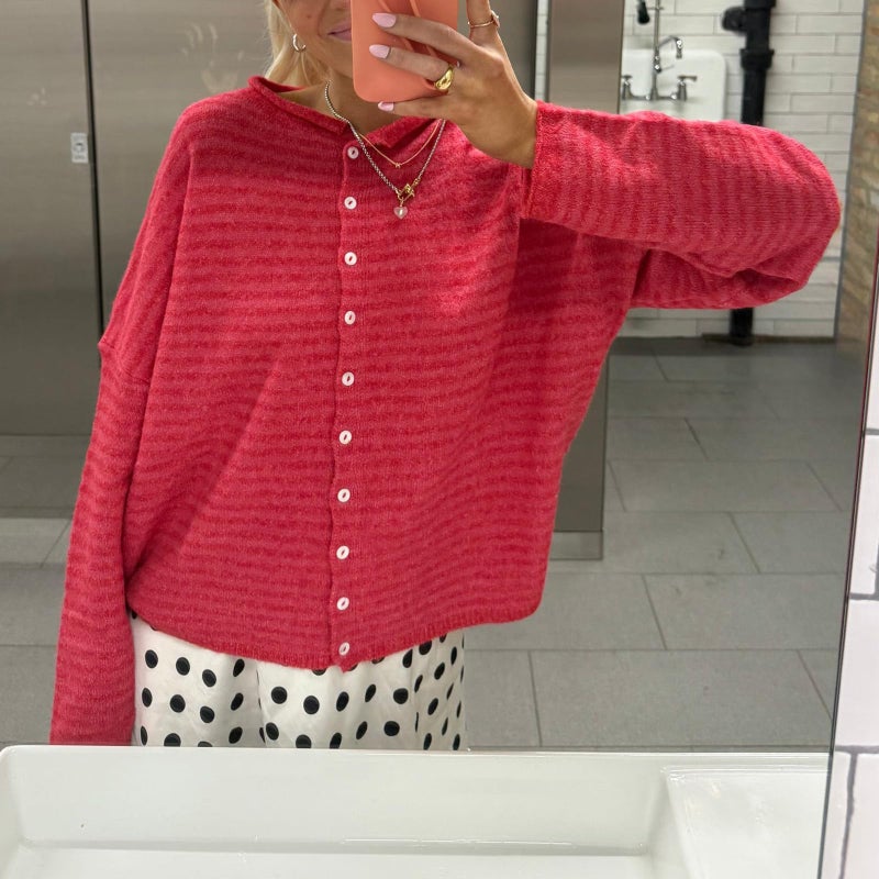 Yuemengxuan Women Knitted Cardigan Sweaters Long Sleeve Button Down Loose Knitwear Tops Y2k Vintage Jumper Knit Shirt (Watermelon Red Stripes, XL) - Image 2