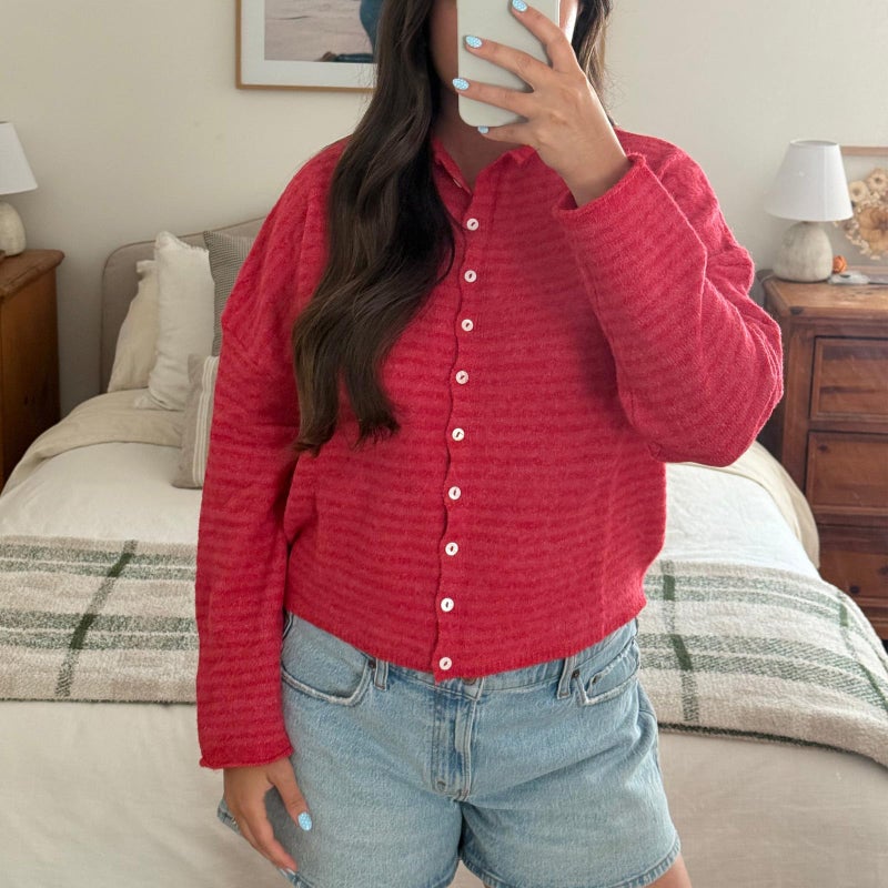 Yuemengxuan Women Knitted Cardigan Sweaters Long Sleeve Button Down Loose Knitwear Tops Y2k Vintage Jumper Knit Shirt (Watermelon Red Stripes, XL) - Image 3
