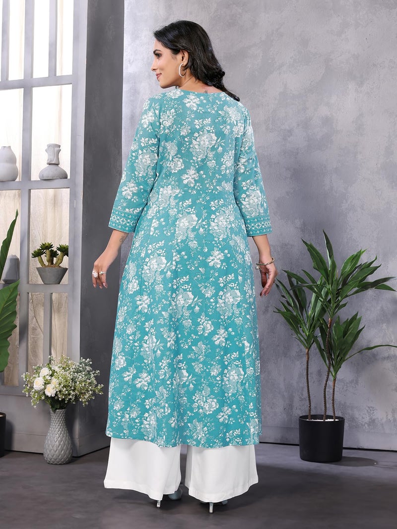 rangita Turquoise Cotton Calf Length Embroidered Anarkali Kurti | Kurta for Women_M - Image 4