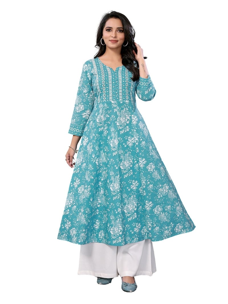 rangita Turquoise Cotton Calf Length Embroidered Anarkali Kurti | Kurta for Women_M - Image 1