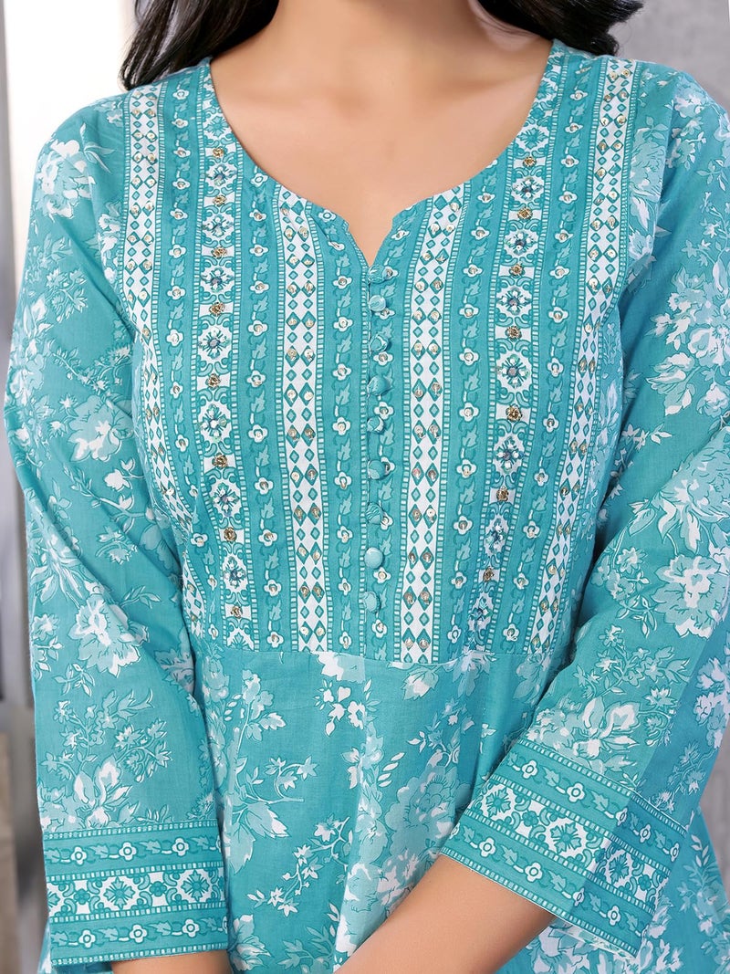 rangita Turquoise Cotton Calf Length Embroidered Anarkali Kurti | Kurta for Women_M - Image 2