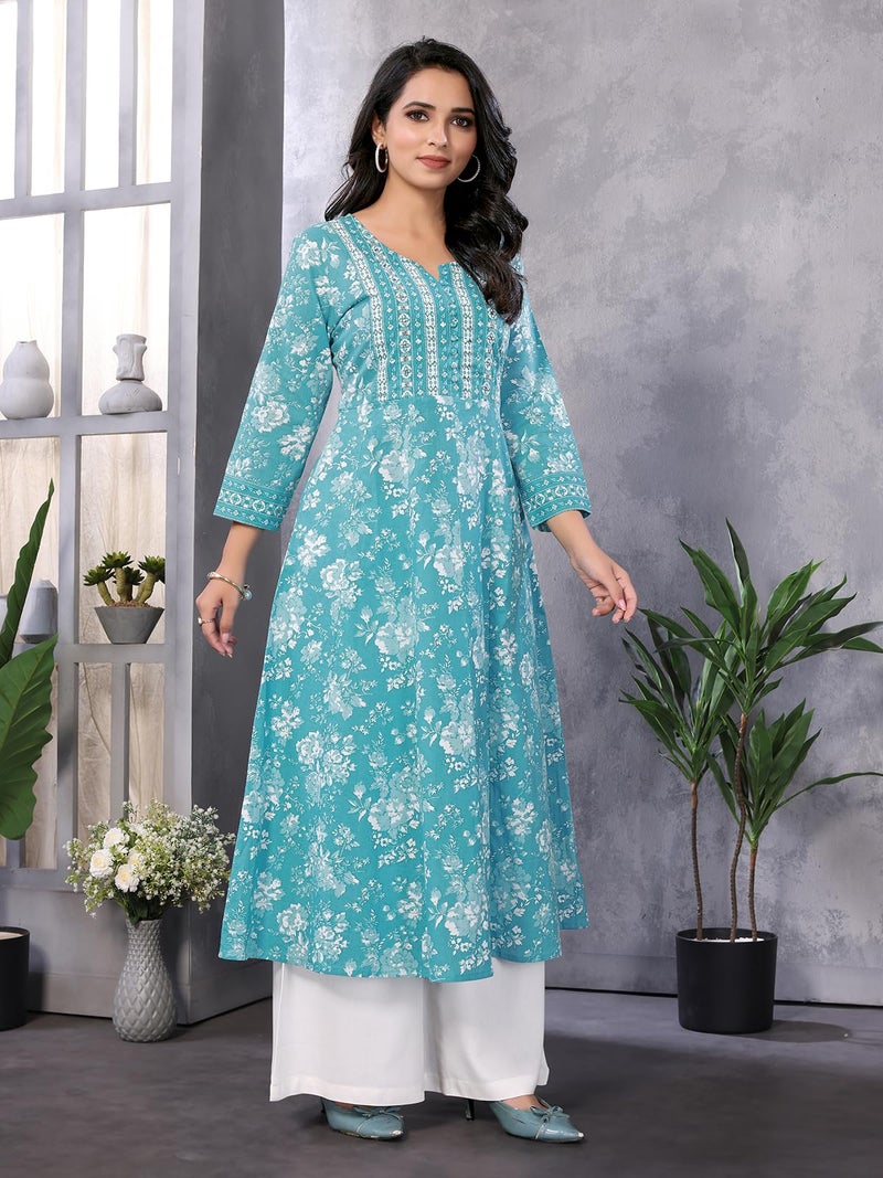 rangita Turquoise Cotton Calf Length Embroidered Anarkali Kurti | Kurta for Women_M - Image 3
