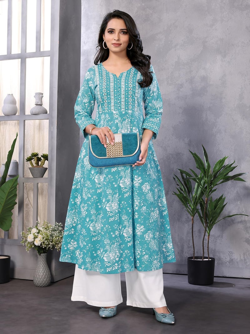 rangita Turquoise Cotton Calf Length Embroidered Anarkali Kurti | Kurta for Women_M - Image 5