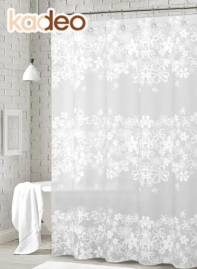 كاديو ستارة حمام من مادة EVA، بنقشة زهور بيضاء، ستارة حمام شفافة فاخرة، مزودة بحلقات معدنية مقاومة للصدأ وحلقة تعليق، مناسبة لكابينة الاستحمام وأحواض الاستحمام، ستارة حمام سميكة 180*180 سم - Image 1