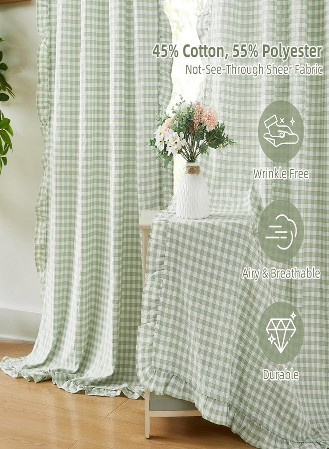 ZJDECOR Buffalo Plaid Ruffled Curtains 84 Inches Length,Rustic Not-See-Through Sheer Curtains,Shabby Chic Window Treatment for Bedroom Living Room,Sage Green and White,Rod Pocket,40" Wx84 L,Pack of 2 - Image 2
