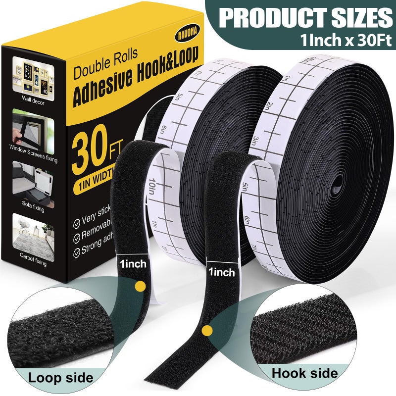 Navona 30Ft x 1 Inch Hook and Loop Strips with Adhesive â€“ 2 Rolls Heavy Duty Hook and Loop Tape with Backing for Home, Office, School, and Crafting Projects, Black - Image 2