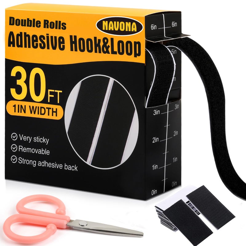 Navona 30Ft x 1 Inch Hook and Loop Strips with Adhesive â€“ 2 Rolls Heavy Duty Hook and Loop Tape with Backing for Home, Office, School, and Crafting Projects, Black - Image 1