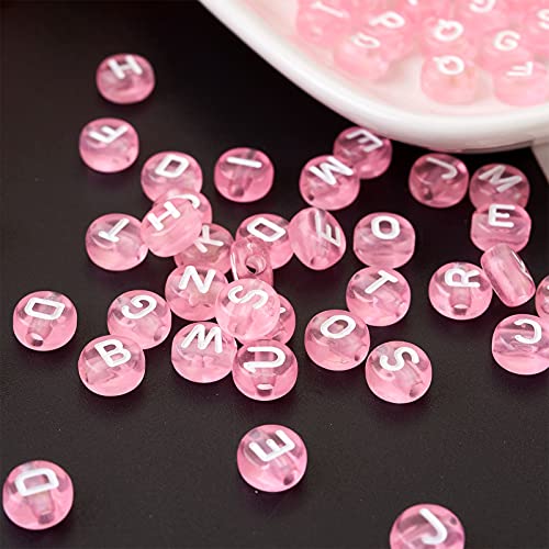 EEE ELECRELIVE 370pcs Transparent Acrylic Alphabet Letter Beads 7mm Flat Round Disc Coin A-Z White Letter Pattern Loose Spacer Beads Charms for DIY Necklace Bracelet Jewelry Making, Pink - Image 2