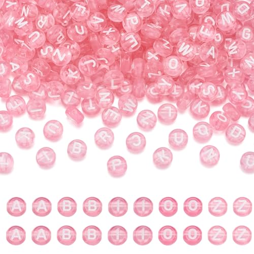 EEE ELECRELIVE 370pcs Transparent Acrylic Alphabet Letter Beads 7mm Flat Round Disc Coin A-Z White Letter Pattern Loose Spacer Beads Charms for DIY Necklace Bracelet Jewelry Making, Pink - Image 1