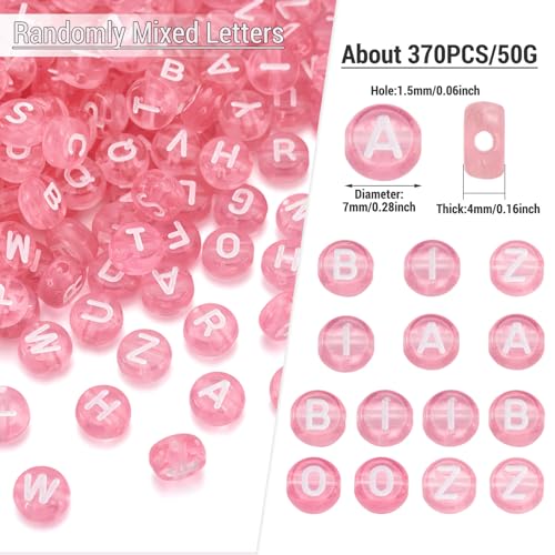 EEE ELECRELIVE 370pcs Transparent Acrylic Alphabet Letter Beads 7mm Flat Round Disc Coin A-Z White Letter Pattern Loose Spacer Beads Charms for DIY Necklace Bracelet Jewelry Making, Pink - Image 4