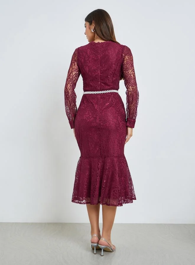 Styli  Burgundy Lace Mermaid Hem Midi Dress for Women | Best Price UAE