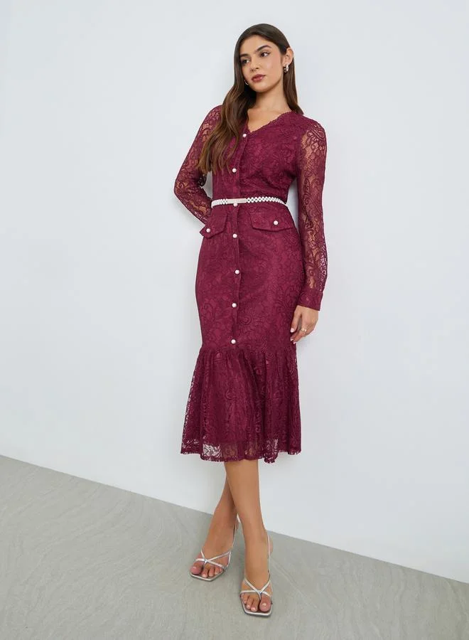 Styli  Burgundy Lace Mermaid Hem Midi Dress for Women | Best Price UAE
