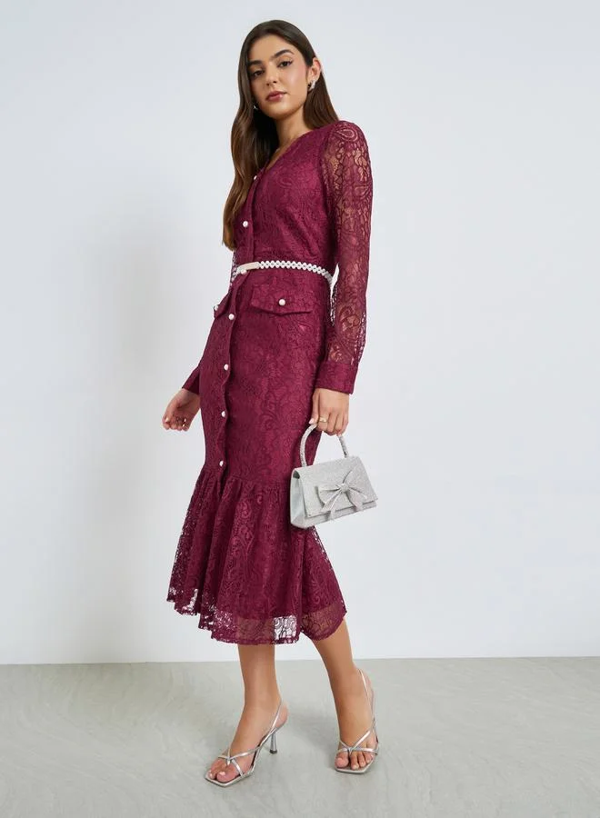 Burgundy Lace Mermaid Hem Midi Dress