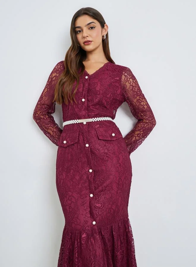 Styli  Burgundy Lace Mermaid Hem Midi Dress for Women | Best Price UAE