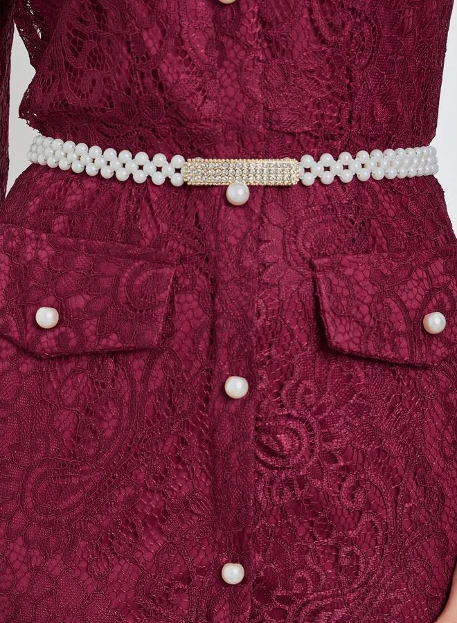 Styli  Burgundy Lace Mermaid Hem Midi Dress for Women | Best Price UAE