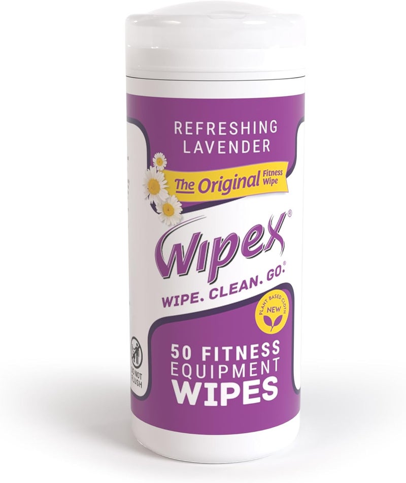 Wipex Original Fitness Equipment Wipes -EWG Verified - 50 Count Plant-Based No-Lint Cloth Gym Wipes for Workout Equipment, Yoga Mat Cleaner, Peloton Cleaner with Lavender Essential Oil & Vinegar, - Image 1