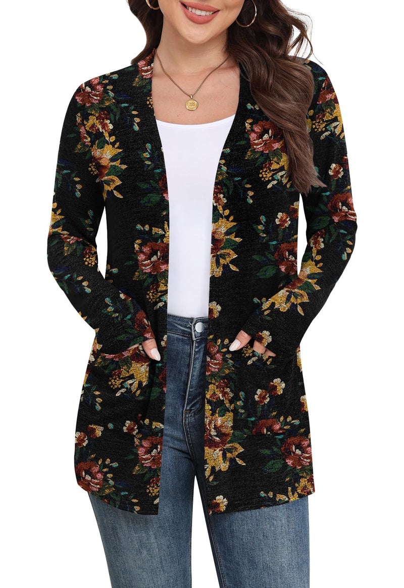 Yincro Womens Lightweight Cardigan Long Sleeve 0pen Front Casual Sweater Cardigans with Pockets (Brown Floral Black, 2XL) - Image 1