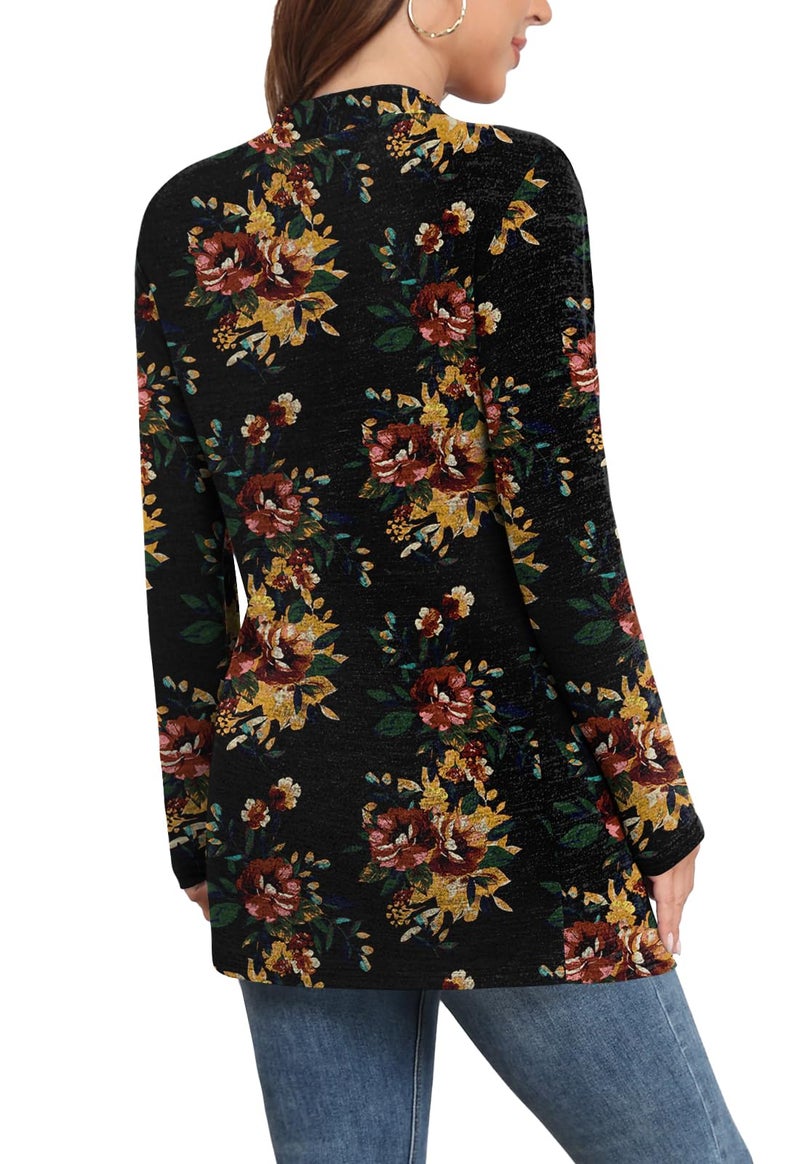 Yincro Womens Lightweight Cardigan Long Sleeve 0pen Front Casual Sweater Cardigans with Pockets (Brown Floral Black, 2XL) - Image 2