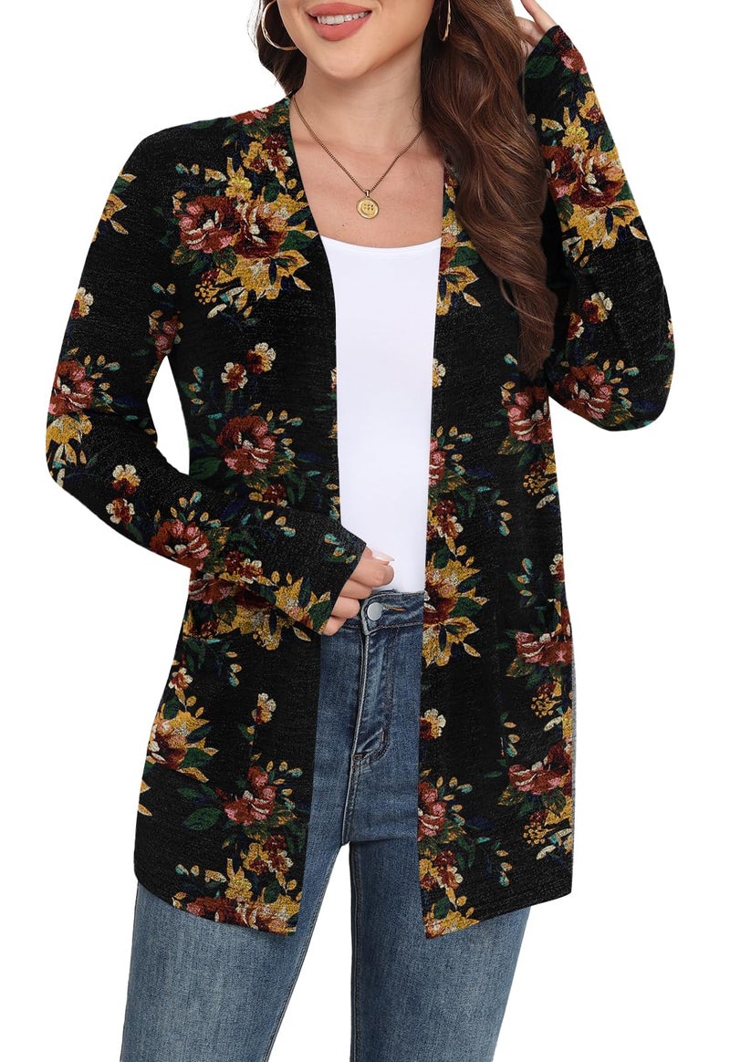 Yincro Womens Lightweight Cardigan Long Sleeve 0pen Front Casual Sweater Cardigans with Pockets (Brown Floral Black, 2XL) - Image 3