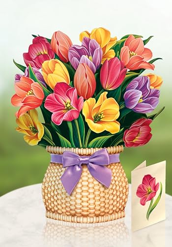 Freshcut Paper Pop Up Cards, Festive Tulips, 12 Inch Life Sized Forever Flower Bouquet 3D Popup Greeting Card, Birthday Cards, Thank You Card, Blank Notecard & Envelope - Image 3