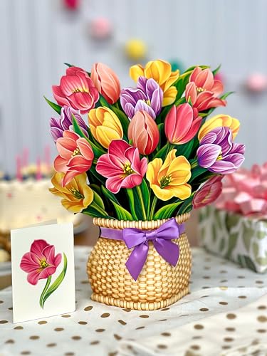 Freshcut Paper Pop Up Cards, Festive Tulips, 12 Inch Life Sized Forever Flower Bouquet 3D Popup Greeting Card, Birthday Cards, Thank You Card, Blank Notecard & Envelope - Image 5