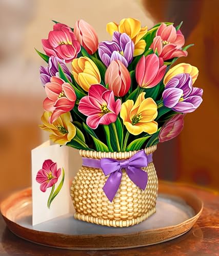 Freshcut Paper Pop Up Cards, Festive Tulips, 12 Inch Life Sized Forever Flower Bouquet 3D Popup Greeting Card, Birthday Cards, Thank You Card, Blank Notecard & Envelope - Image 2