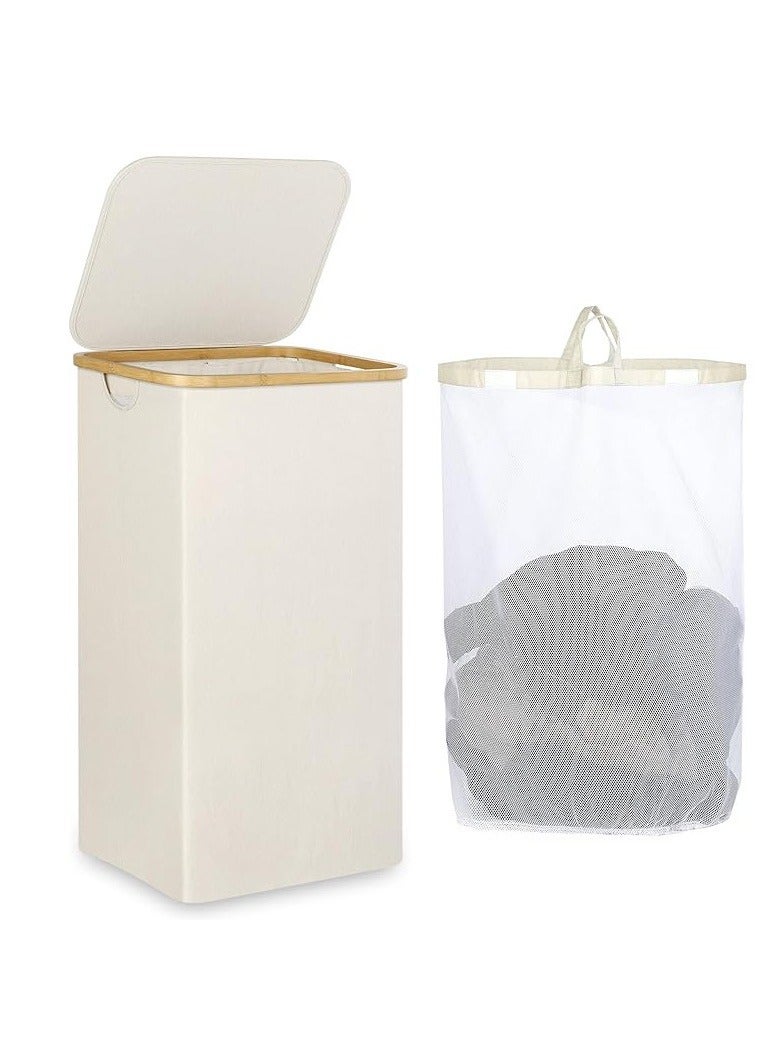 عام التخسيس سلة الغسيل مع غطاء ، سلة الغسيل الضيقة مع كيس قابل للإزالة ، سلة الغسيل قابلة للطي مع مقبض ، ومناسبة للحمامات وغرف النوم وغرف الغسيل ، 75L البيج - Image 1