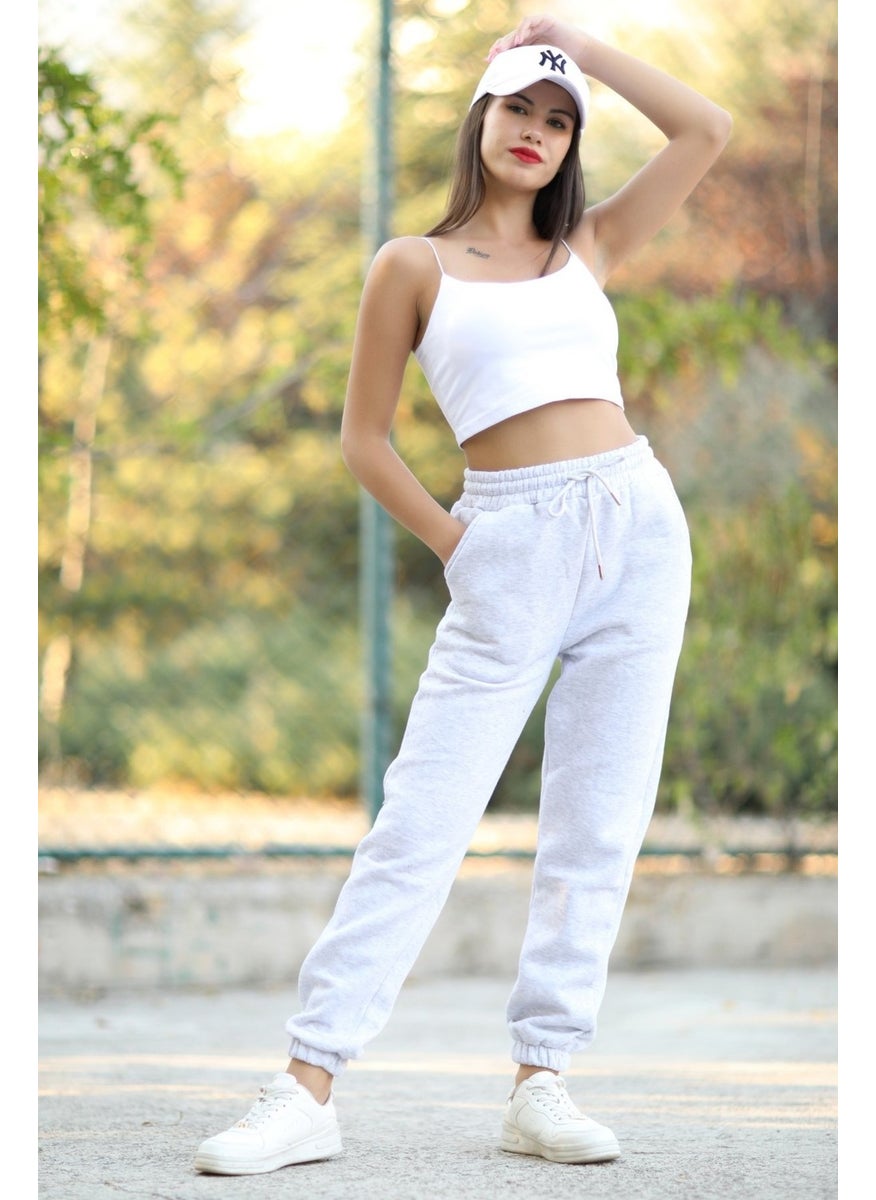 Giysa Women's Snow Melange Pocketed Sweatpants Elastic Legs and Waistband with Drawstring 3 Rope Raised Cotton Blend - 2529-9016  - Image 1