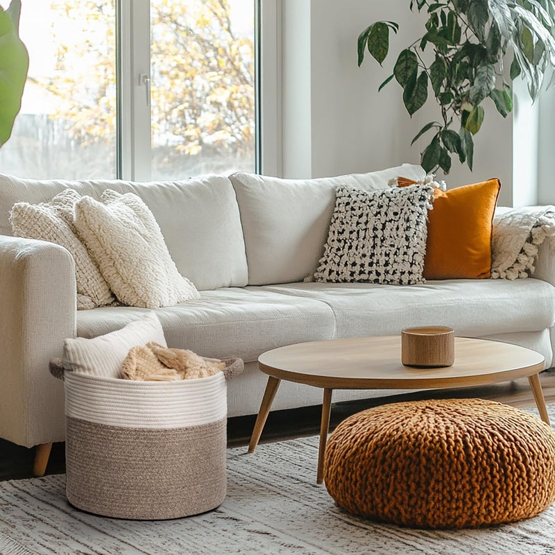 Kodomoore Blanket Basket - Woven Round Rope Storage Basket (16"Wx14"H) for Blankets & Throws, Small Laundry & Toy Organizer, Decorative Living Room & Bedroom Cotton Basket - White & Brown - Image 2