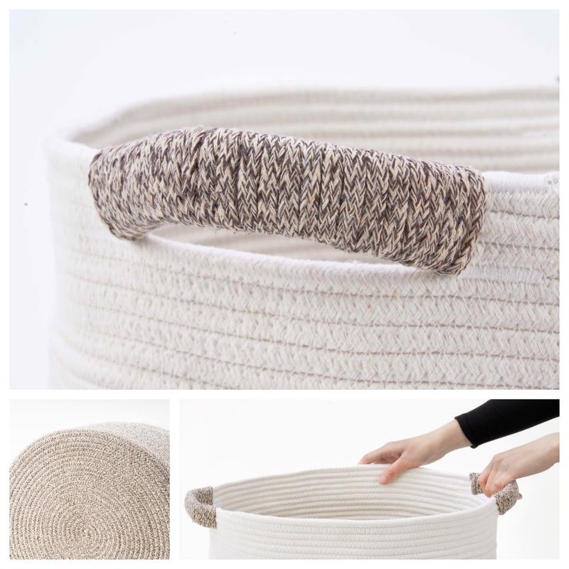 Kodomoore Blanket Basket - Woven Round Rope Storage Basket (16"Wx14"H) for Blankets & Throws, Small Laundry & Toy Organizer, Decorative Living Room & Bedroom Cotton Basket - White & Brown - Image 4