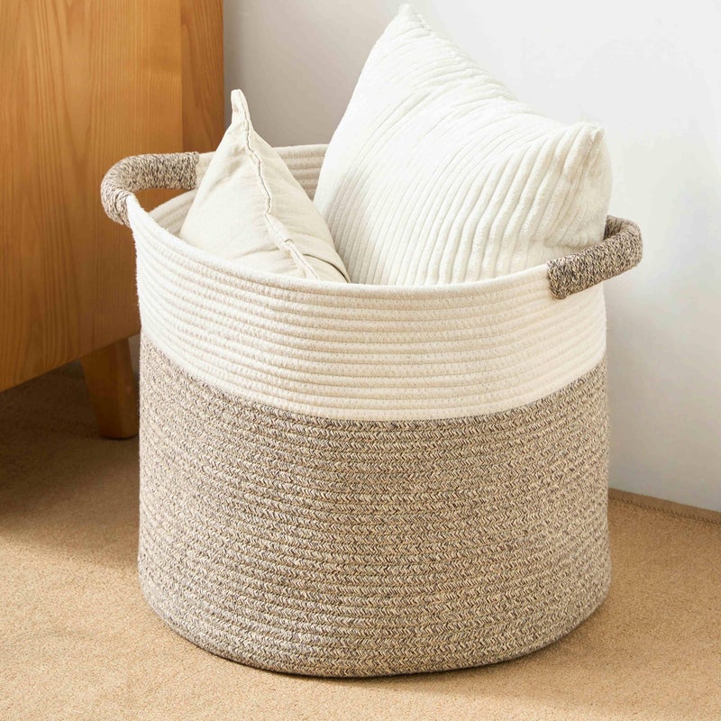 Kodomoore Blanket Basket - Woven Round Rope Storage Basket (16"Wx14"H) for Blankets & Throws, Small Laundry & Toy Organizer, Decorative Living Room & Bedroom Cotton Basket - White & Brown - Image 1