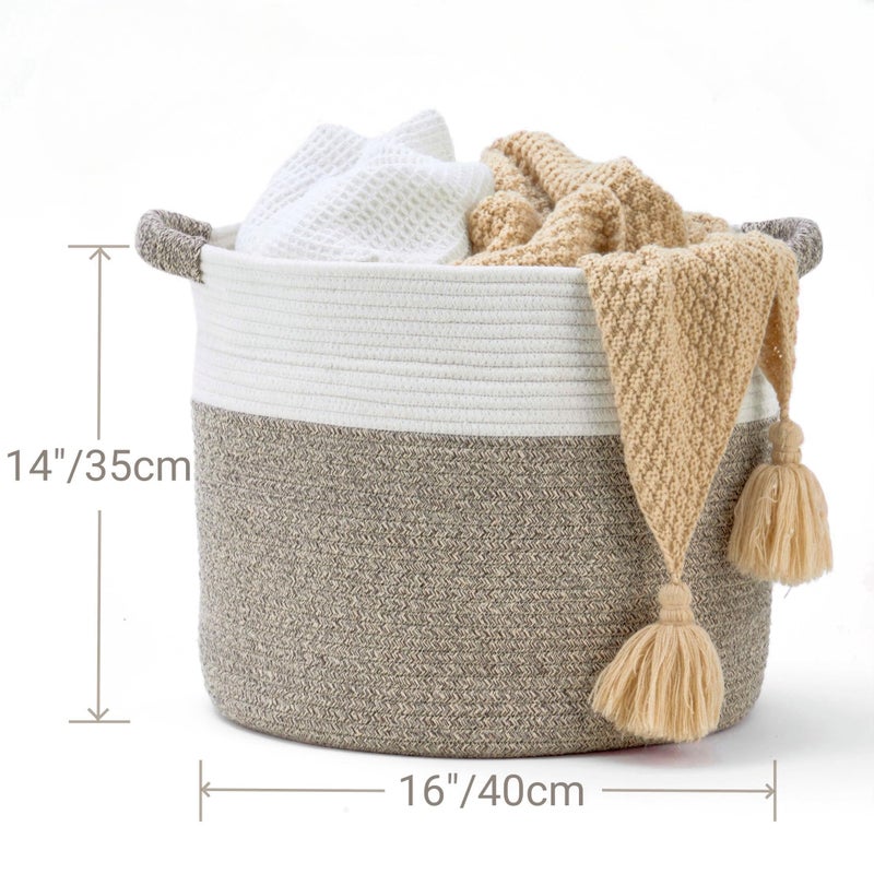 Kodomoore Blanket Basket - Woven Round Rope Storage Basket (16"Wx14"H) for Blankets & Throws, Small Laundry & Toy Organizer, Decorative Living Room & Bedroom Cotton Basket - White & Brown - Image 5