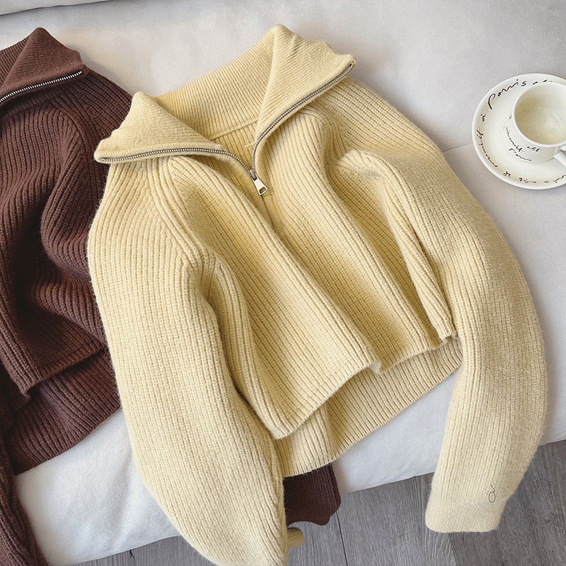 Thickened Knitted Age-Reducing Design Sense Zipper Loose Slimming Lapel Lazy Sweater Top For Women - Image 1