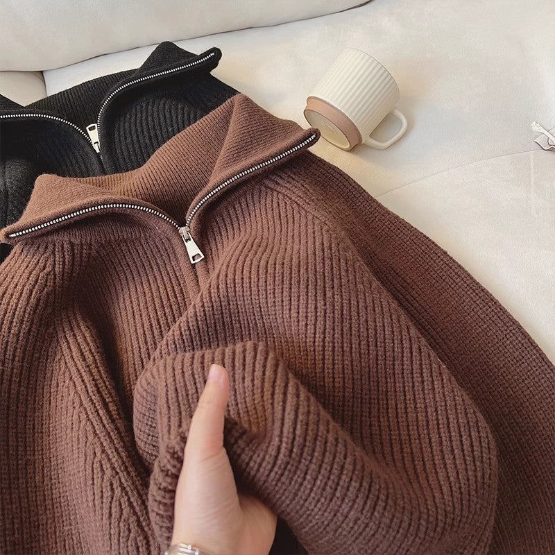 Thickened Knitted Age-Reducing Design Sense Zipper Loose Slimming Lapel Lazy Sweater Top For Women - Image 5