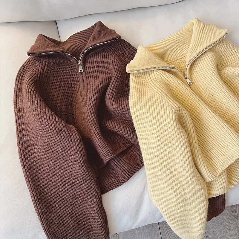 Thickened Knitted Age-Reducing Design Sense Zipper Loose Slimming Lapel Lazy Sweater Top For Women - Image 4