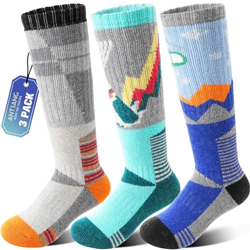 ANTSANG Kids Merino Wool Ski Socks for Girls Boys Teen Thermal Thick Warm Winter Hiking Knee High Stocking Stuffers Socks for Skiing Snowboarding(Skate A,8-12 Y) - Image 1