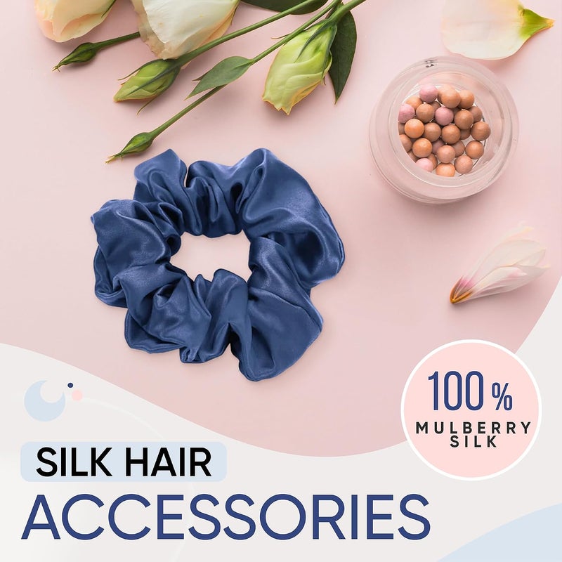 BLISSY Silk Scrunchies (3 Pack) - 100% Pure Mulberry Silk - 22 Momme 6A High-Grade Fibers - Silk Scrunchie for Straight & Curly Hair - Preventing Breakage, Tangling, & Creasing (Blue Skinny) - Image 3