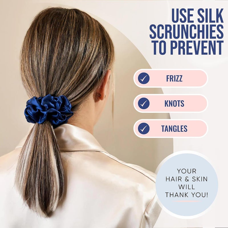 BLISSY Silk Scrunchies (3 Pack) - 100% Pure Mulberry Silk - 22 Momme 6A High-Grade Fibers - Silk Scrunchie for Straight & Curly Hair - Preventing Breakage, Tangling, & Creasing (Blue Skinny) - Image 4