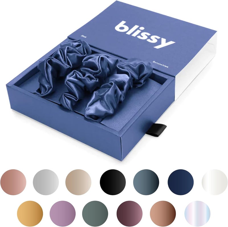BLISSY Silk Scrunchies (3 Pack) - 100% Pure Mulberry Silk - 22 Momme 6A High-Grade Fibers - Silk Scrunchie for Straight & Curly Hair - Preventing Breakage, Tangling, & Creasing (Blue Skinny) - Image 1