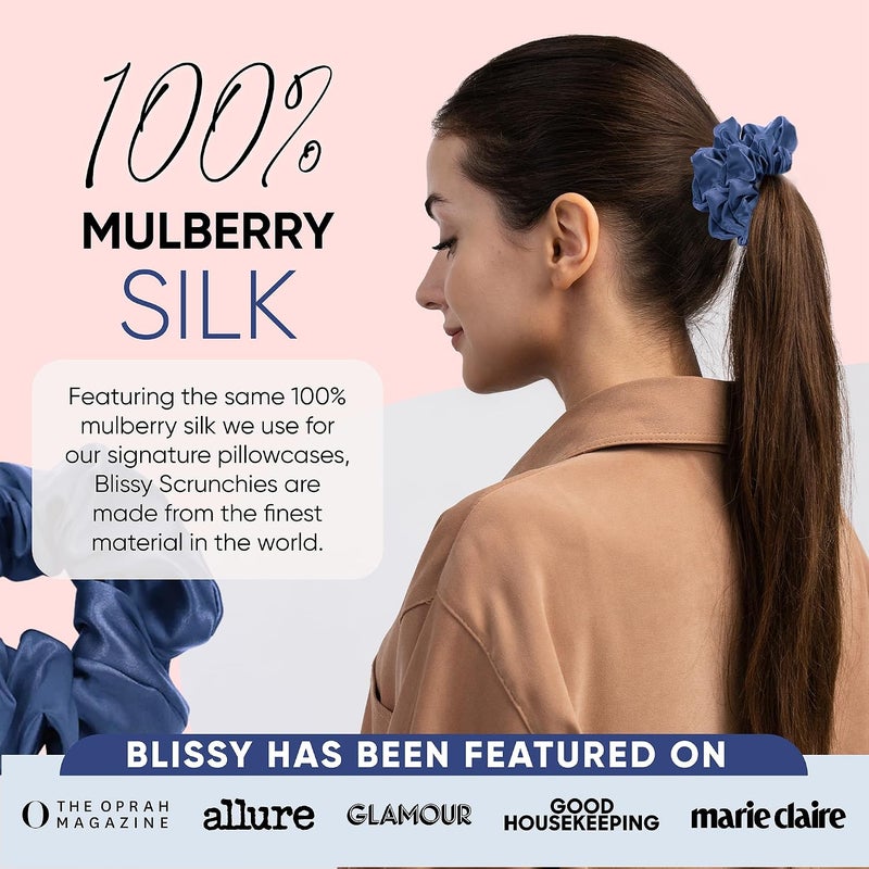 BLISSY Silk Scrunchies (3 Pack) - 100% Pure Mulberry Silk - 22 Momme 6A High-Grade Fibers - Silk Scrunchie for Straight & Curly Hair - Preventing Breakage, Tangling, & Creasing (Blue Skinny) - Image 5