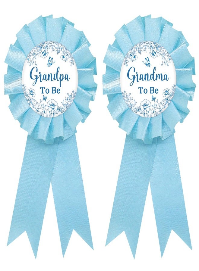 SUPERLUBY Blue Floral Grandma to Be Tinplate Badge Pin, French Grandpa to Be Pin, Gender Reveal Button for New Grandparents, Blue Rosette Grandma Award Ribbon, French Baby Shower Party Favors - Image 1