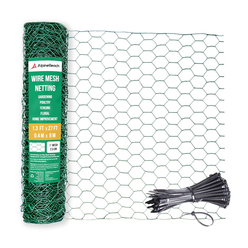 AlpineReach Chicken Wire 1.3ft x 27ft (15.6" x 324") for Floral Arrangements, Zip Ties - Green Mesh Roll Galvanized Hexagonal PVC Coated Garden Netting for Fencing, Crafts, Poultry, Gardening Fence - Image 1