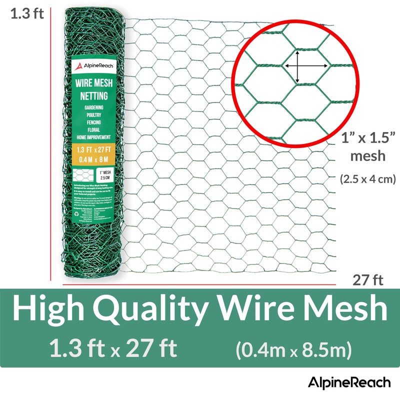 AlpineReach Chicken Wire 1.3ft x 27ft (15.6" x 324") for Floral Arrangements, Zip Ties - Green Mesh Roll Galvanized Hexagonal PVC Coated Garden Netting for Fencing, Crafts, Poultry, Gardening Fence - Image 2