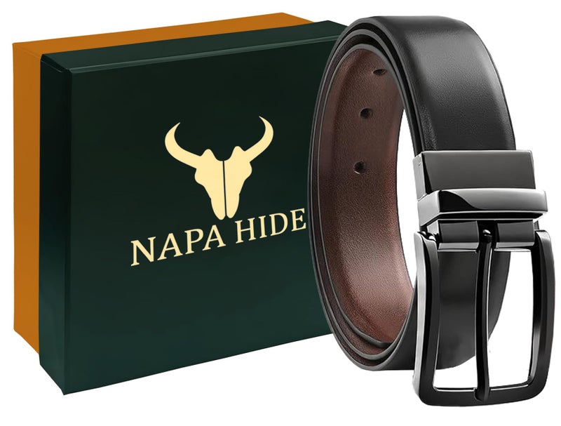 NAPA HIDE Reversible Leather Belt with Metal Buckle, Black and Brown, Classic Design (GUNMETAL) - Image 2